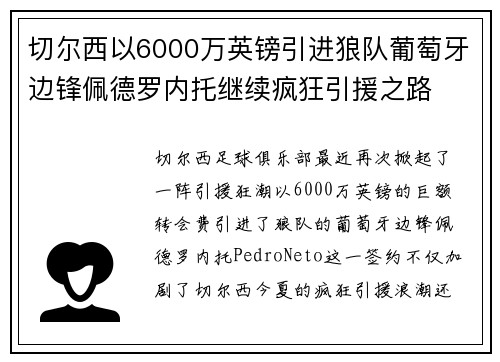切尔西以6000万英镑引进狼队葡萄牙边锋佩德罗内托继续疯狂引援之路